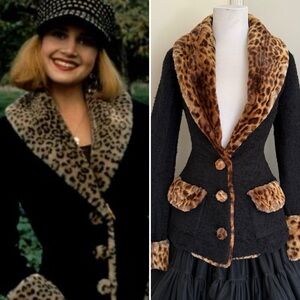 Vintage RARE 90’s Betsey Johnson Leopard Trim Black Bouclé Luxe Coat